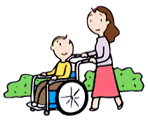 若い女性が車椅子に乗った男性を押しているイラスト